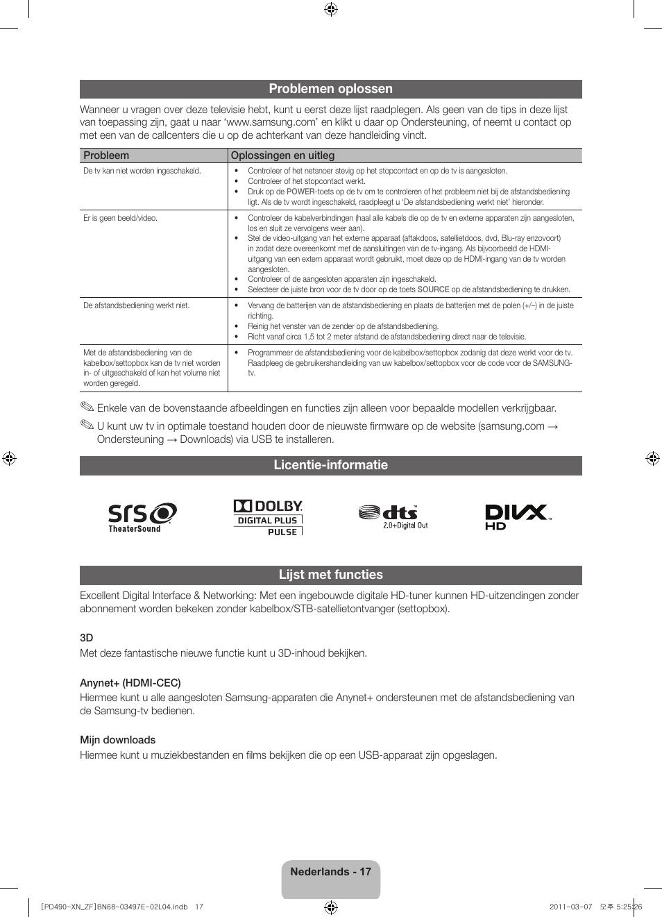 Problemen oplossen, Licentie-informatie lijst met functies | Samsung PS43D490A1W User Manual | Page 75 / 78