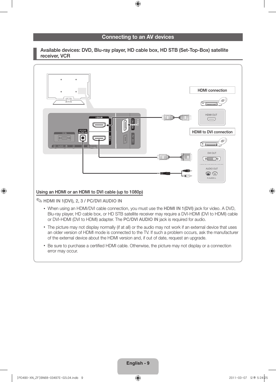Connecting to an av devices | Samsung PS43D490A1W User Manual | Page 9 / 78
