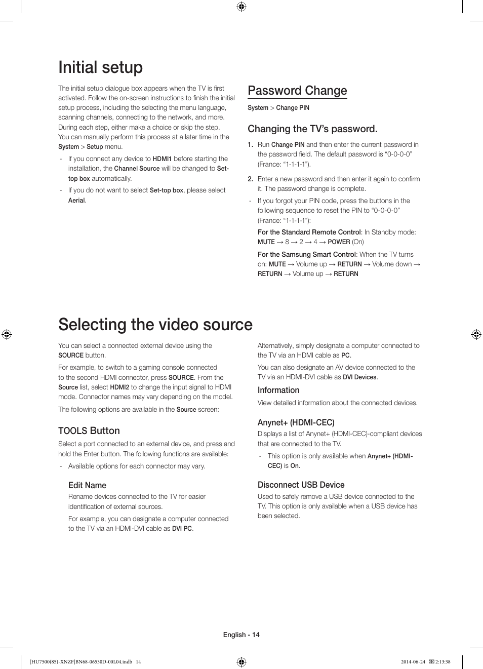 Initial setup, Selecting the video source, Password change | Changing the tv’s password, Button, Tools | Samsung UE85HU7500L User Manual | Page 14 / 97