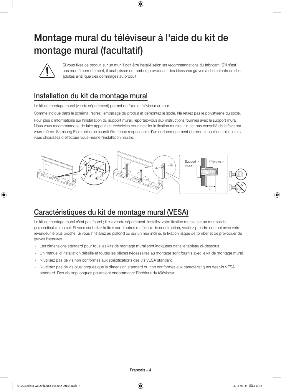 Installation du kit de montage mural, Caractéristiques du kit de montage mural (vesa) | Samsung UE85HU7500L User Manual | Page 28 / 97