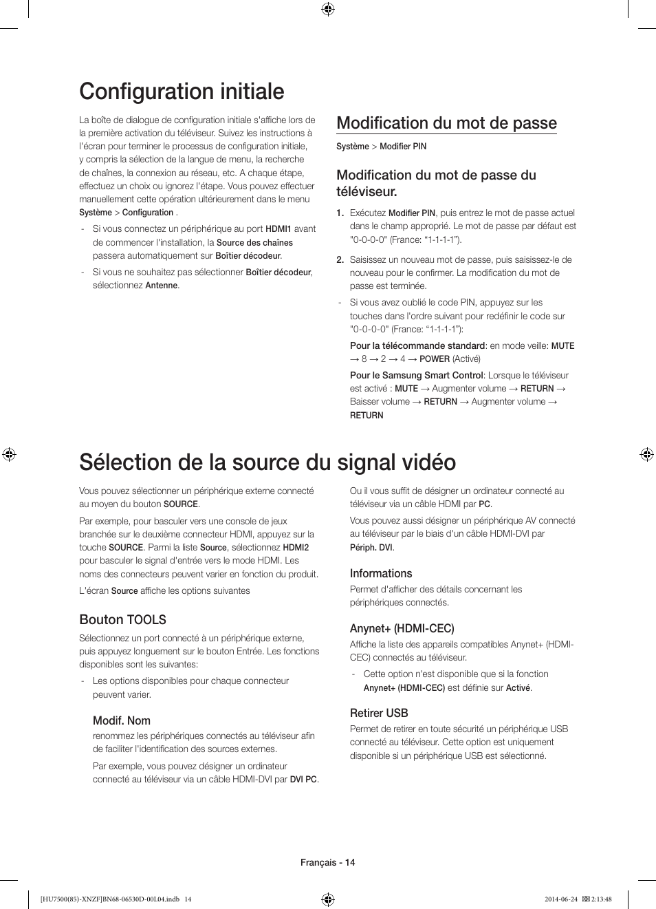 Configuration initiale, Sélection de la source du signal vidéo, Modification du mot de passe | Modification du mot de passe du téléviseur, Bouton, Tools | Samsung UE85HU7500L User Manual | Page 38 / 97