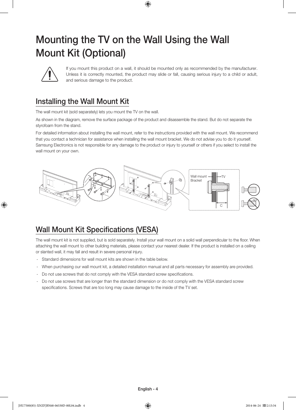 Installing the wall mount kit, Wall mount kit specifications (vesa) | Samsung UE85HU7500L User Manual | Page 4 / 97