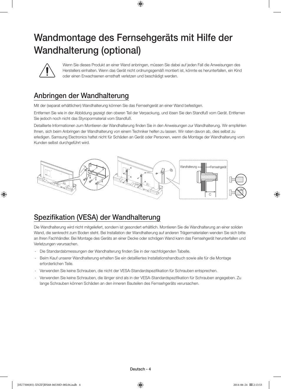 Anbringen der wandhalterung, Spezifikation (vesa) der wandhalterung | Samsung UE85HU7500L User Manual | Page 52 / 97