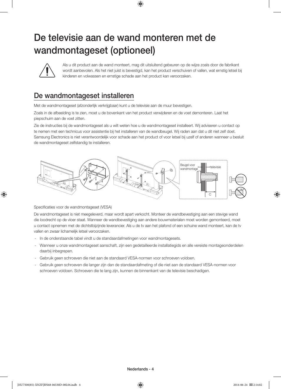 De wandmontageset installeren | Samsung UE85HU7500L User Manual | Page 76 / 97