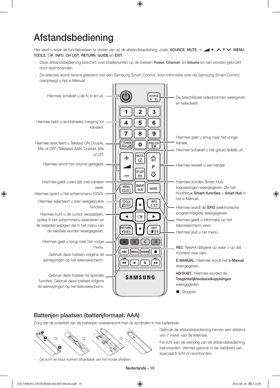 Afstandsbediening, Batterijen plaatsen (batterijformaat: aaa) | Samsung UE85HU7500L User Manual | Page 82 / 97