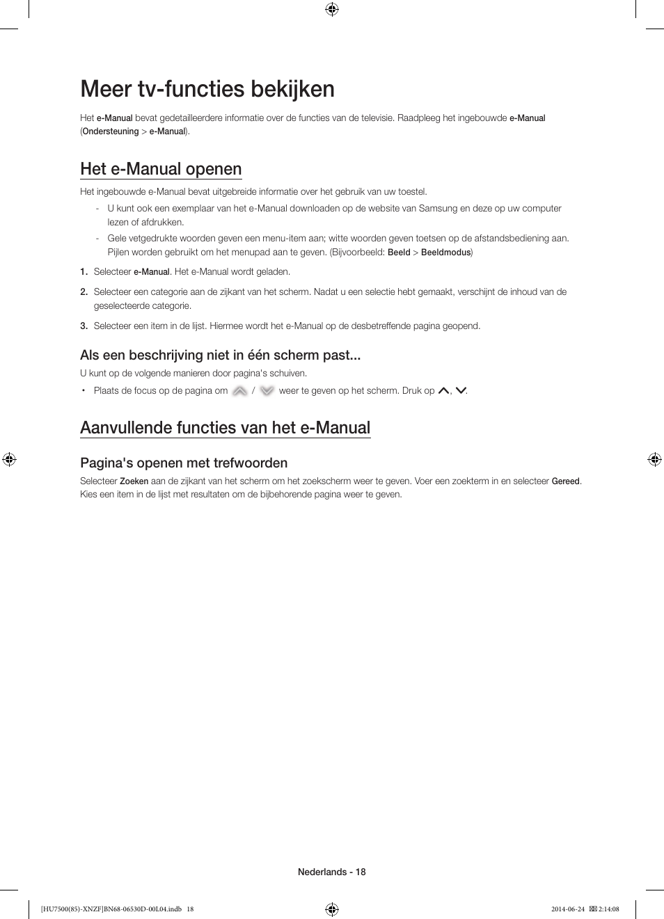 Meer tv-functies bekijken, Het e-manual openen, Aanvullende functies van het e-manual | Als een beschrijving niet in één scherm past, Pagina's openen met trefwoorden | Samsung UE85HU7500L User Manual | Page 90 / 97