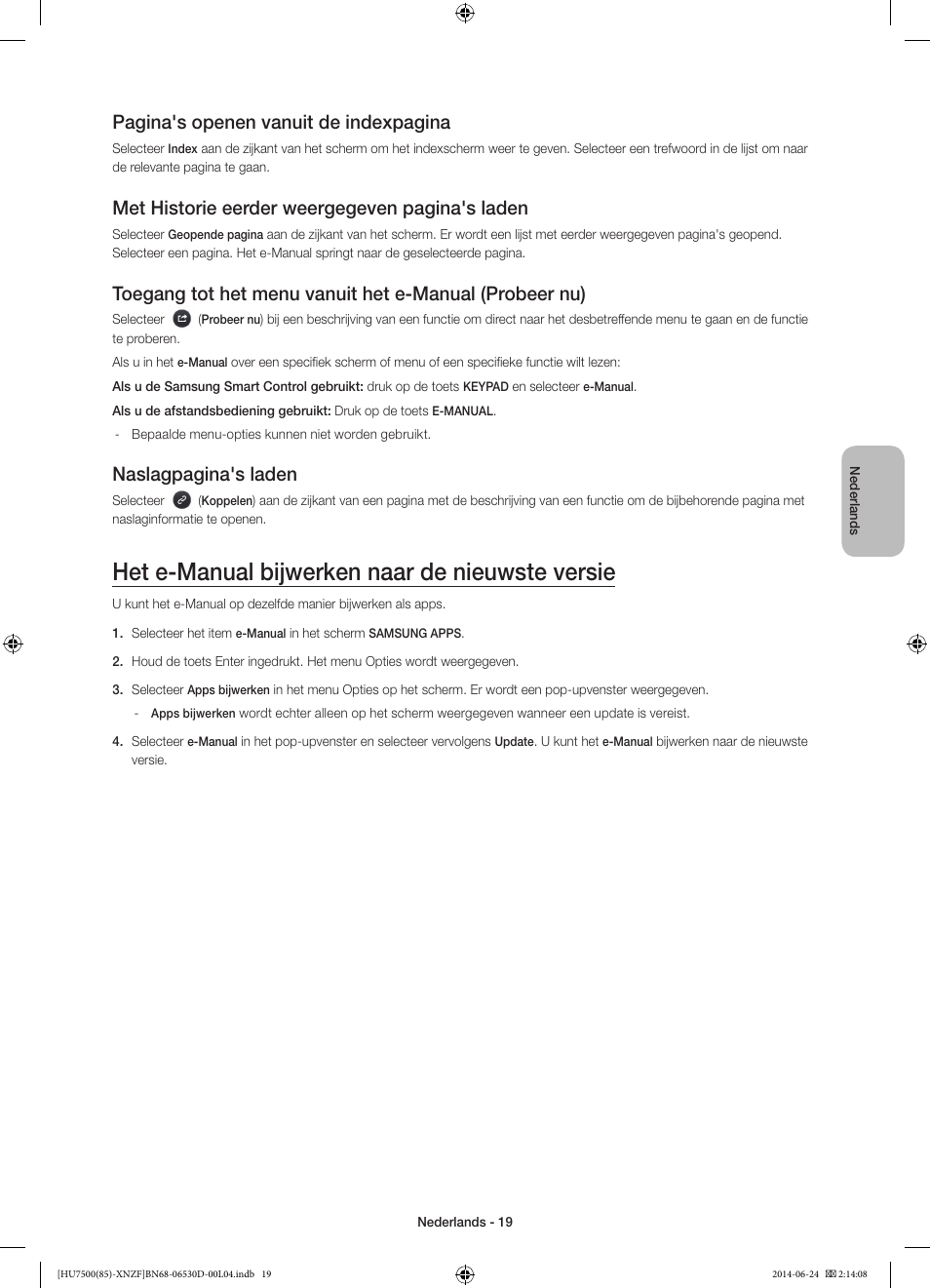 Het e-manual bijwerken naar de nieuwste versie, Pagina's openen vanuit de indexpagina, Met historie eerder weergegeven pagina's laden | Naslagpagina's laden | Samsung UE85HU7500L User Manual | Page 91 / 97