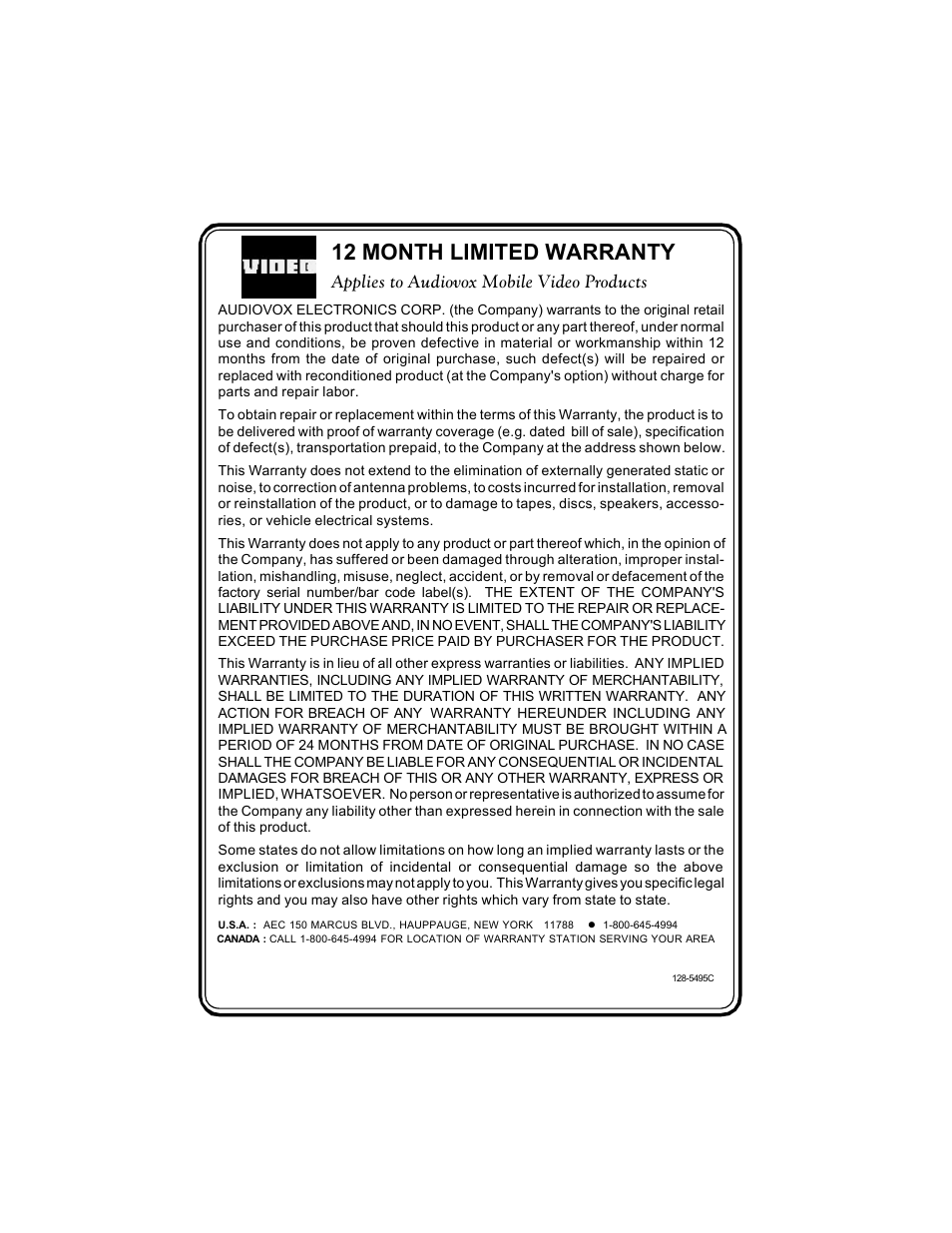 12 month limited warranty, Applies to audiovox mobile video products | Audiovox AVD300 User Manual | Page 29 / 30