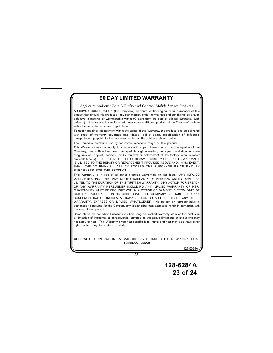 90 day limited warranty | Audiovox DV1200 User Manual | Page 23 / 24