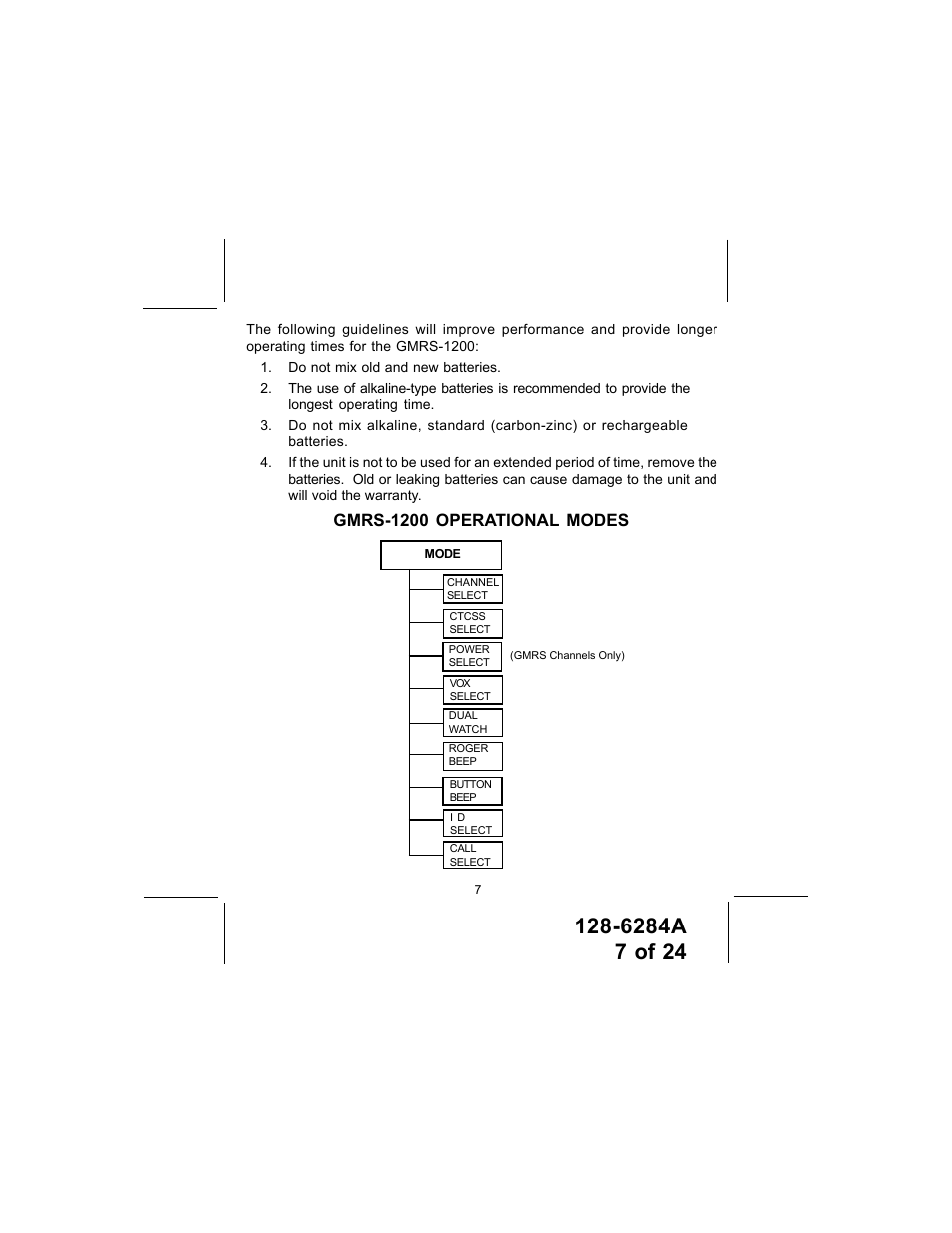 Gmrs-1200 operational modes | Audiovox DV1200 User Manual | Page 7 / 24