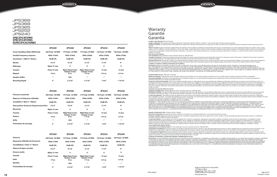 Warranty garantie garantía, Specifications spécifications especificaciones | Audiovox JPS365 User Manual | Page 6 / 6