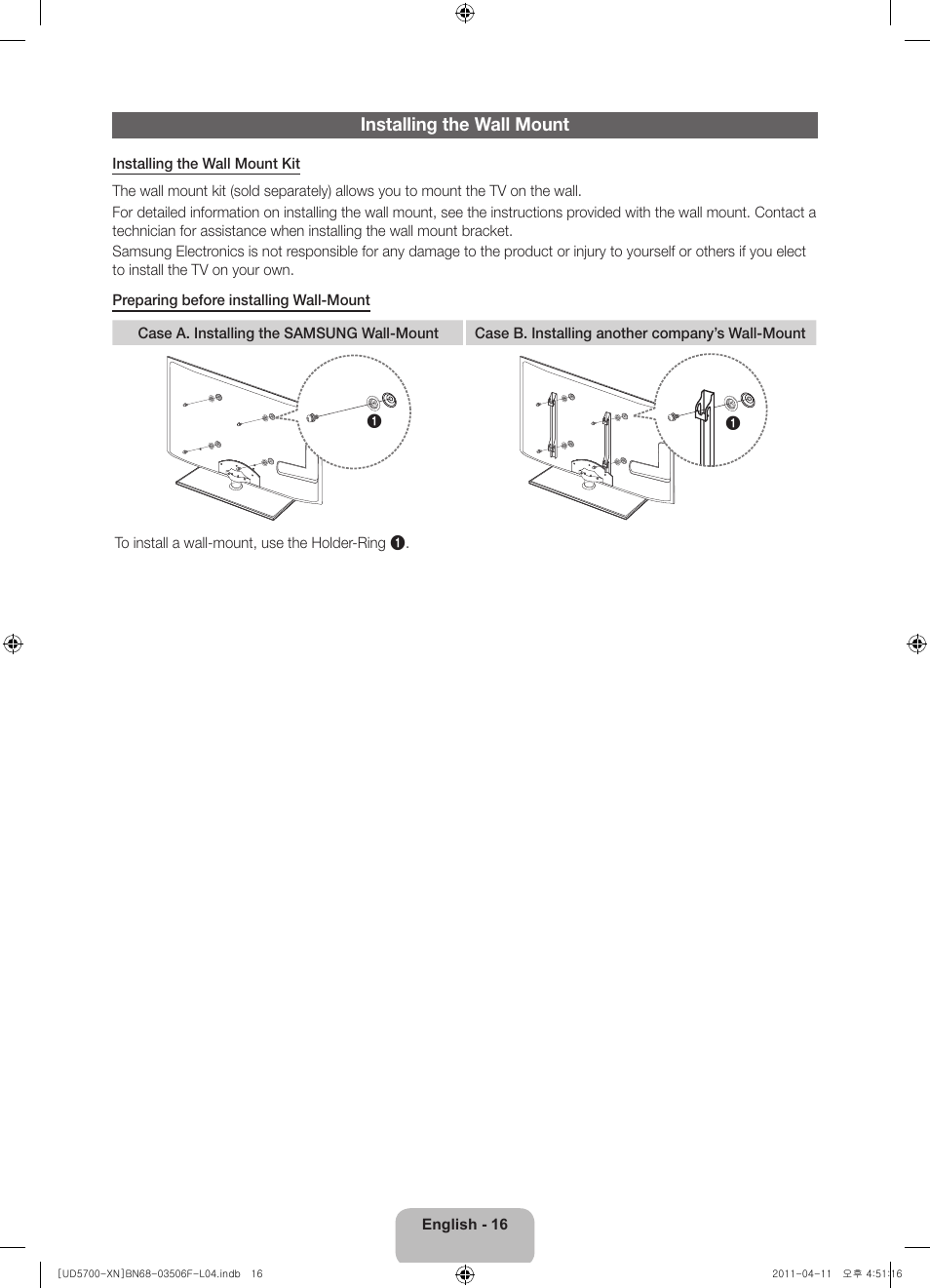Installing the wall mount | Samsung UE46D5720RS User Manual | Page 16 / 80