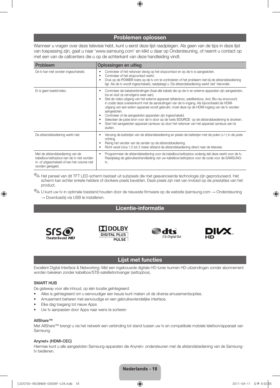 Problemen oplossen, Licentie-informatie lijst met functies | Samsung UE46D5720RS User Manual | Page 78 / 80