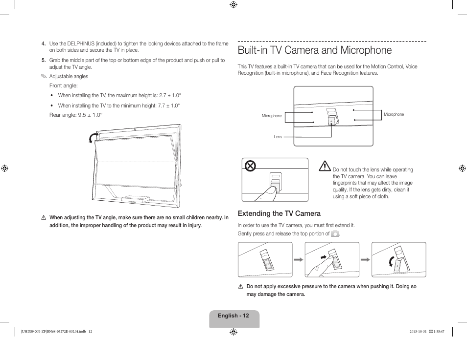 Built-in tv camera and microphone, 경고 주의 경고 주의, Extending the tv camera | Samsung UE85S9SL User Manual | Page 12 / 97