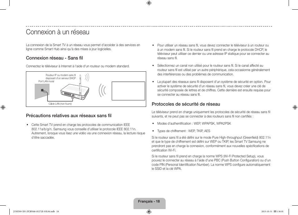 Connexion à un réseau, Connexion réseau - sans fil, Précautions relatives aux réseaux sans fil | Protocoles de sécurité de réseau | Samsung UE85S9SL User Manual | Page 42 / 97