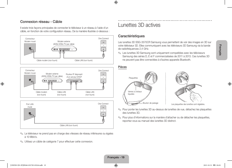 Lunettes 3d actives, Connexion réseau - câble, Caractéristiques | Samsung UE85S9SL User Manual | Page 43 / 97