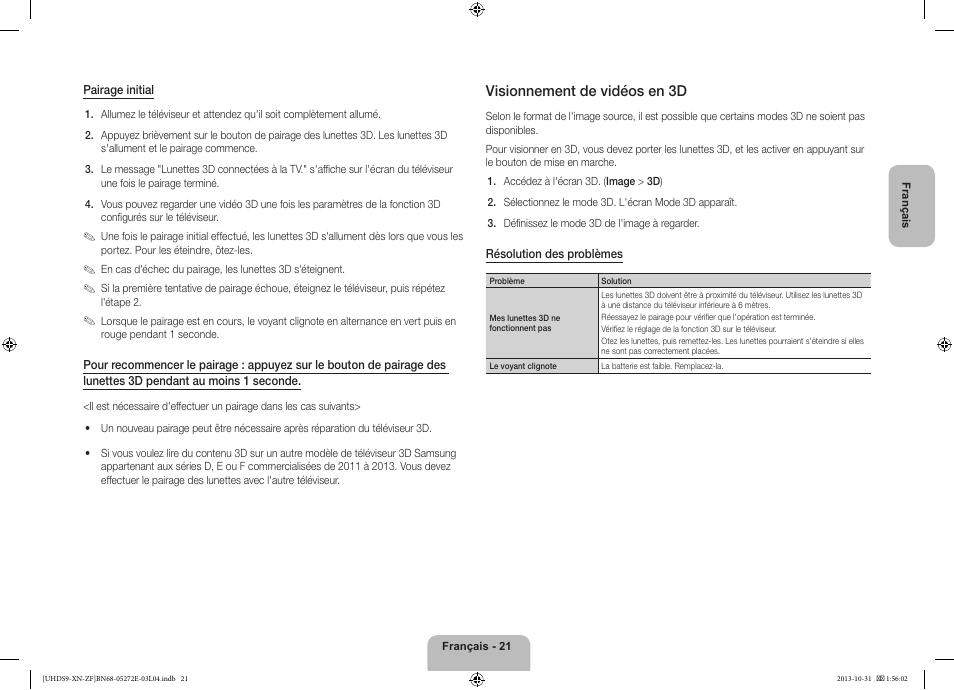 Visionnement de vidéos en 3d | Samsung UE85S9SL User Manual | Page 45 / 97