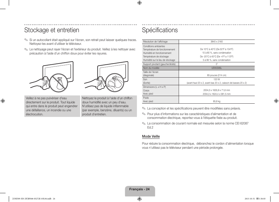 Spécifications, Stockage et entretien | Samsung UE85S9SL User Manual | Page 48 / 97