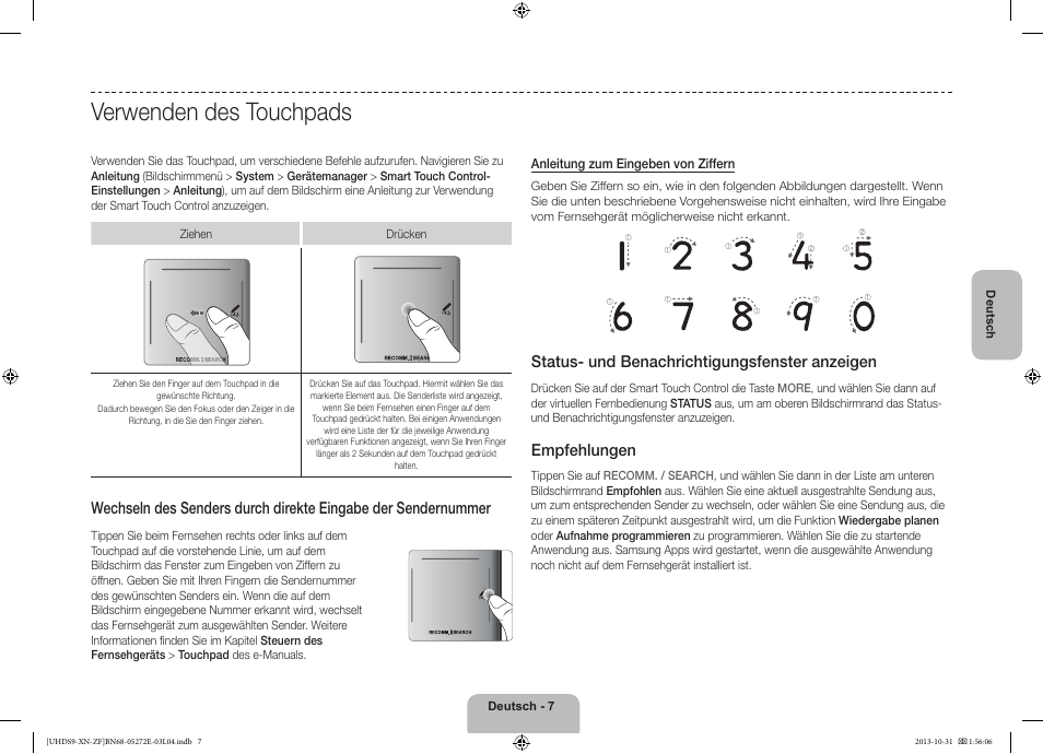 Verwenden des touchpads, Status- und benachrichtigungsfenster anzeigen, Empfehlungen | Samsung UE85S9SL User Manual | Page 55 / 97