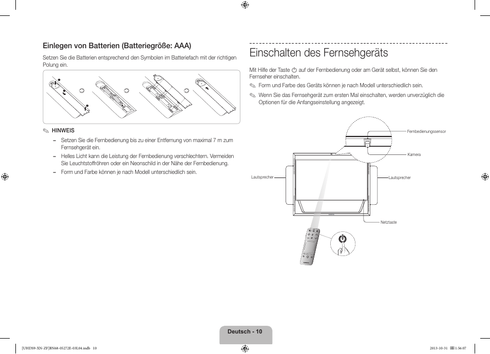 Einschalten des fernsehgeräts, Einlegen von batterien (batteriegröße: aaa) | Samsung UE85S9SL User Manual | Page 58 / 97