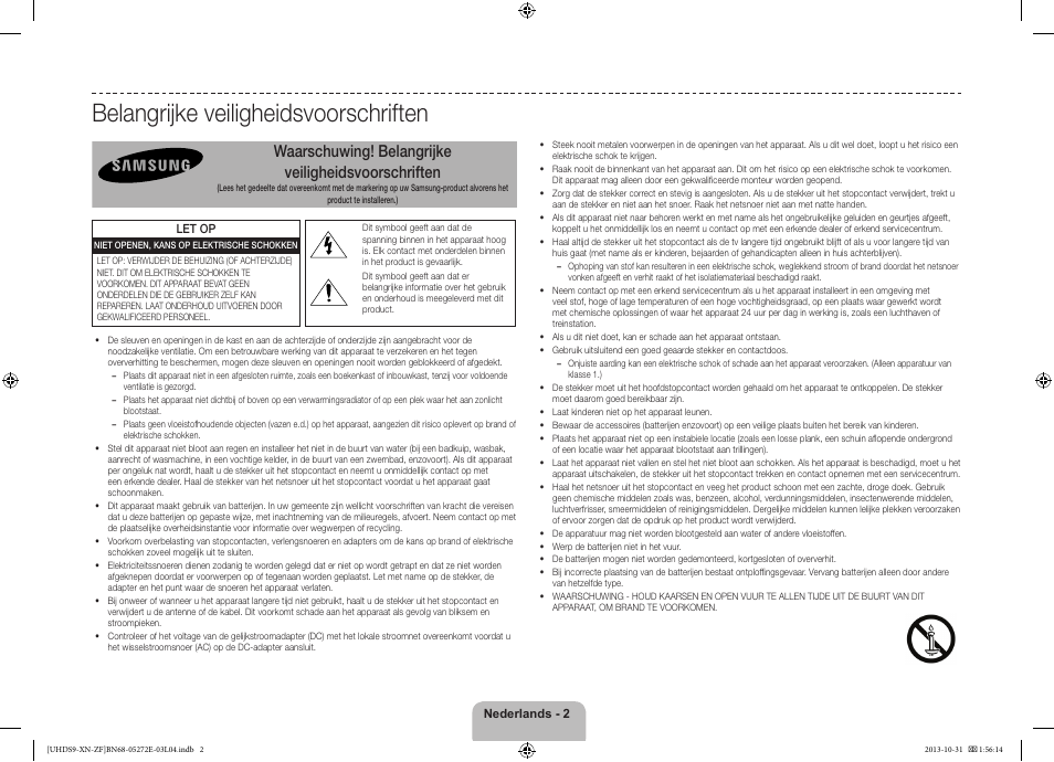 Belangrijke veiligheidsvoorschriften, Waarschuwing! belangrijke veiligheidsvoorschriften | Samsung UE85S9SL User Manual | Page 74 / 97