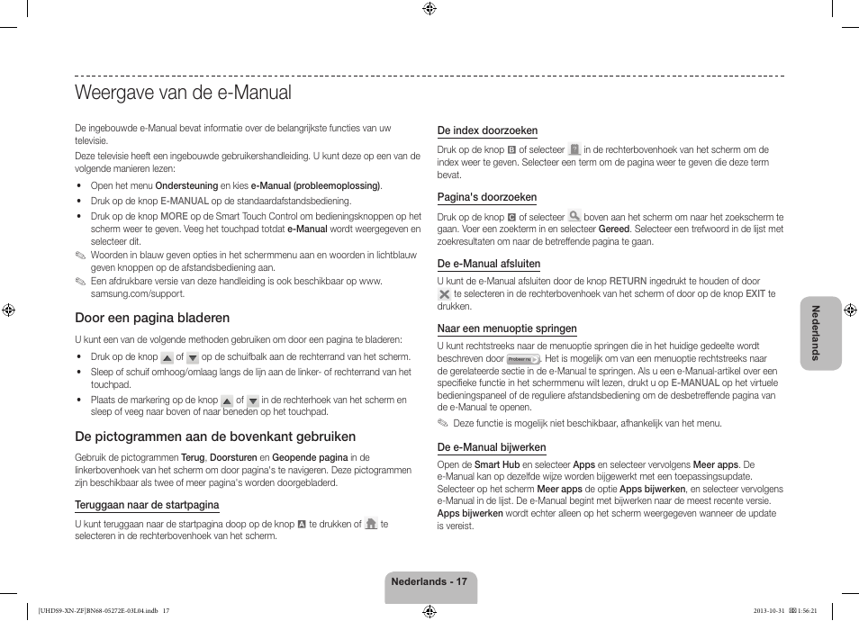 Weergave van de e-manual, Door een pagina bladeren, De pictogrammen aan de bovenkant gebruiken | Samsung UE85S9SL User Manual | Page 89 / 97