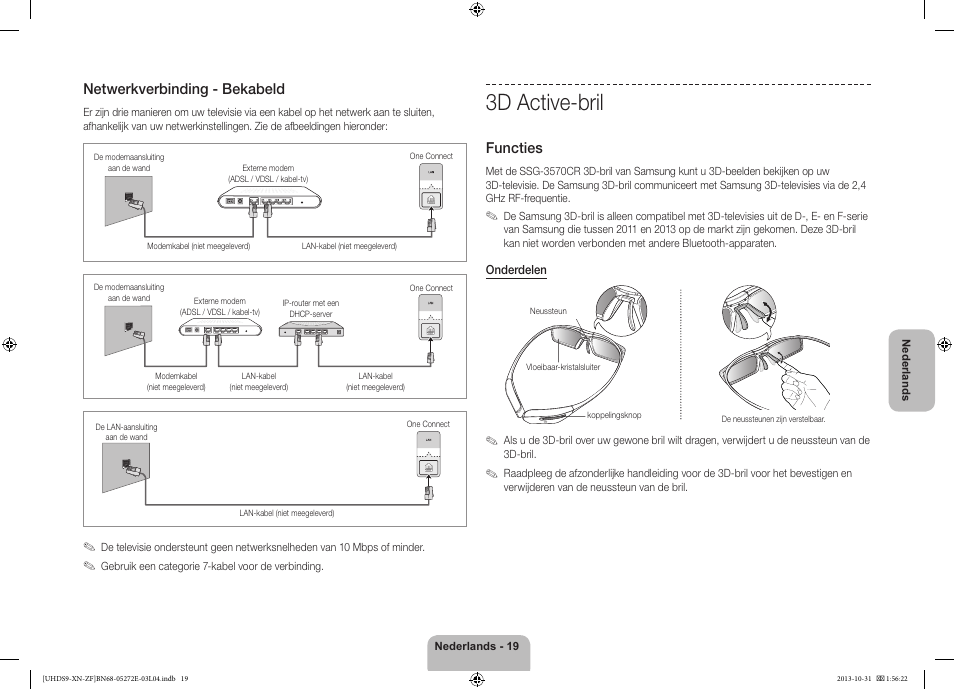 3d active-bril, Netwerkverbinding - bekabeld, Functies | Samsung UE85S9SL User Manual | Page 91 / 97