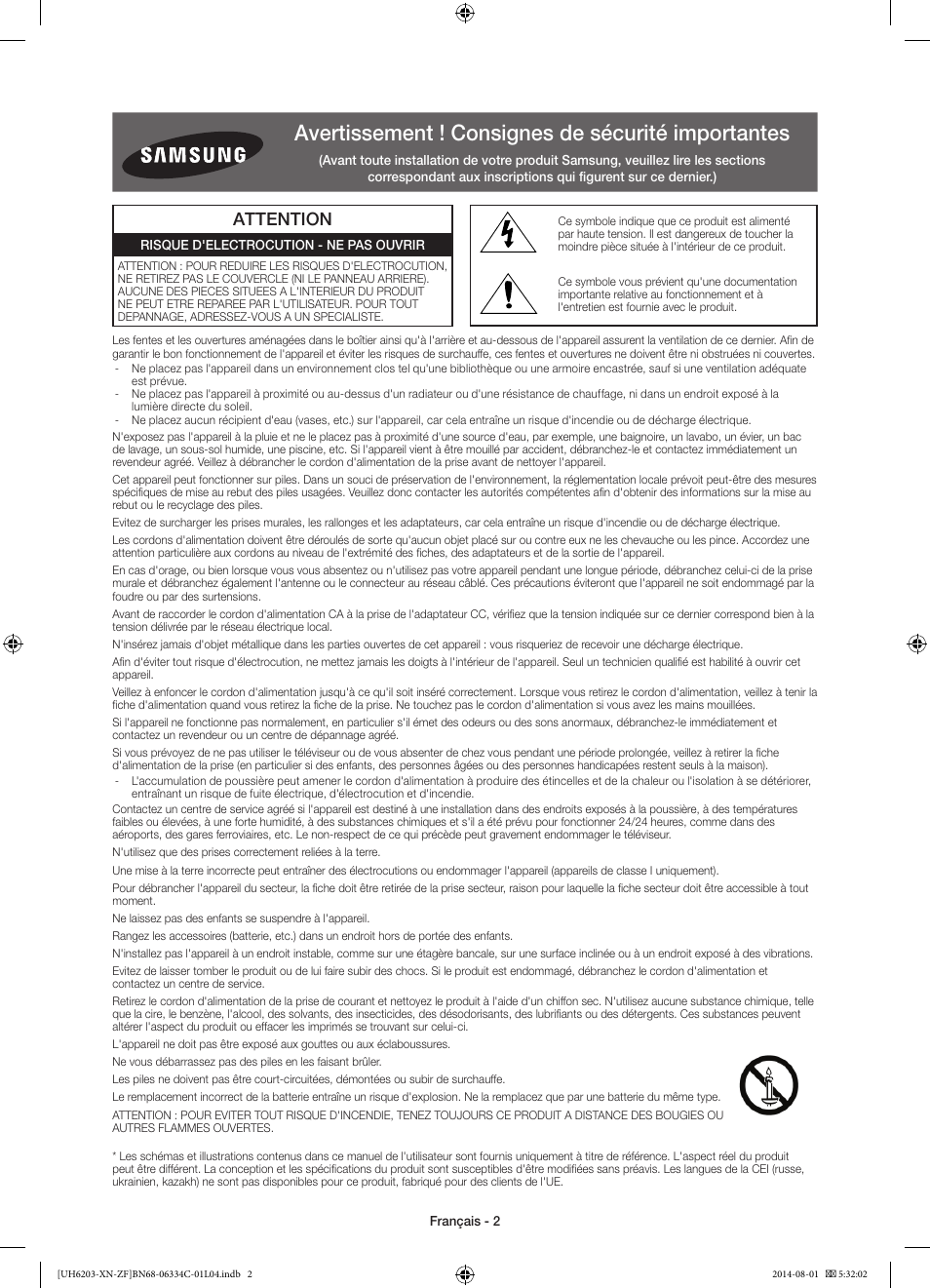 Avertissement ! consignes de sécurité importantes, Attention | Samsung UE60H6203AW User Manual | Page 22 / 82