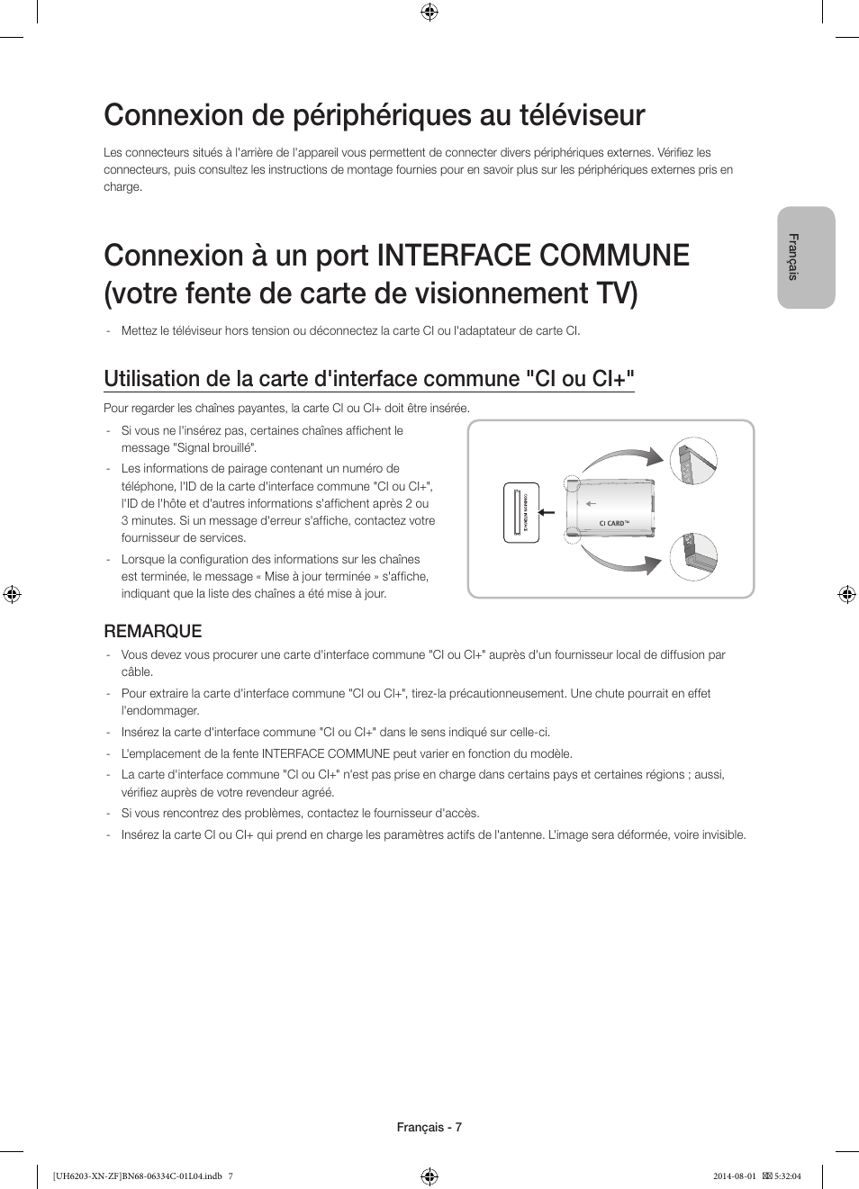 Connexion de périphériques au téléviseur, Remarque | Samsung UE60H6203AW User Manual | Page 27 / 82