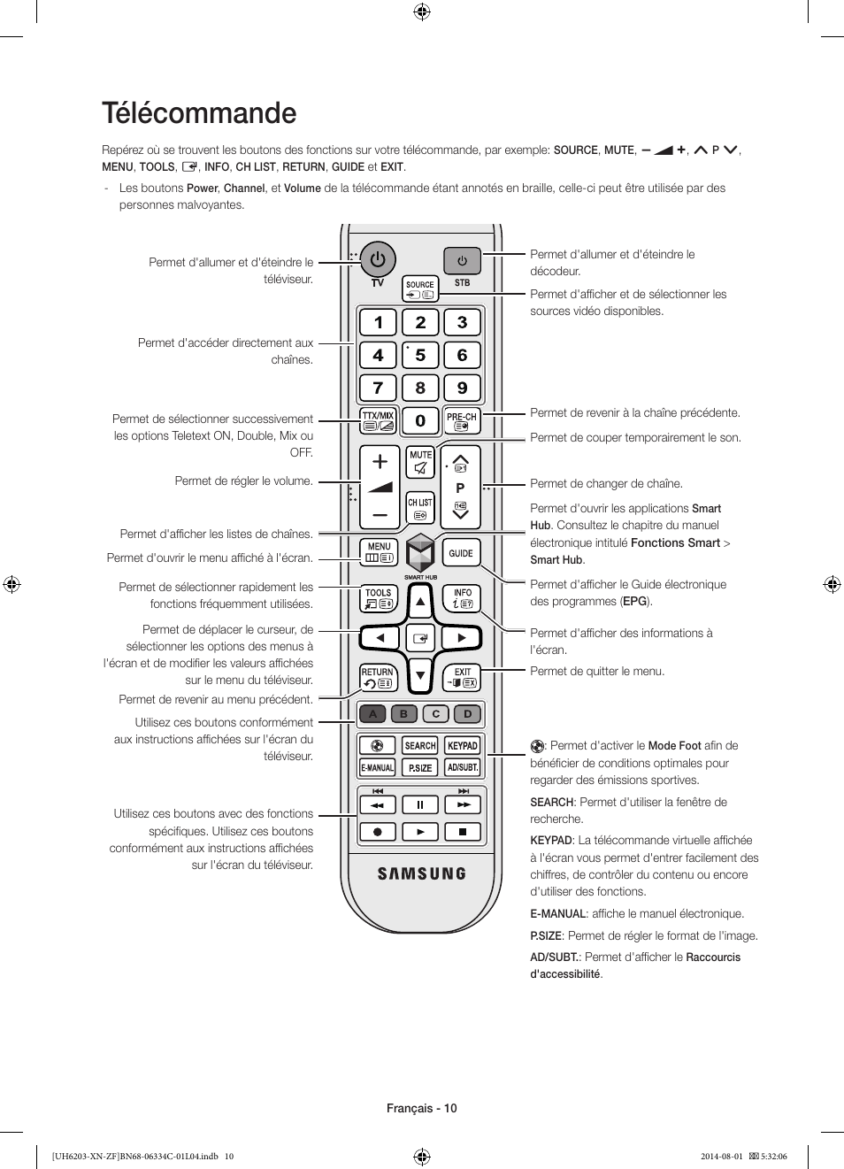 Télécommande | Samsung UE60H6203AW User Manual | Page 30 / 82