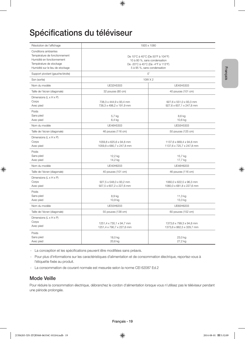 Spécifications du téléviseur, Mode veille | Samsung UE60H6203AW User Manual | Page 39 / 82