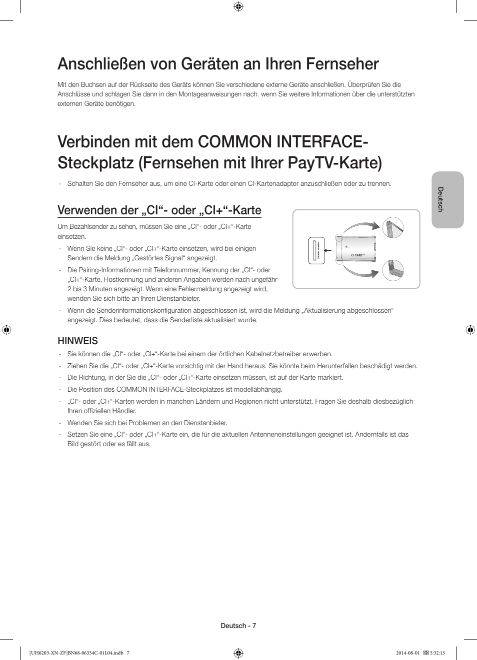 Anschließen von geräten an ihren fernseher, Verwenden der „ci“- oder „ci+“-karte, Hinweis | Samsung UE60H6203AW User Manual | Page 47 / 82