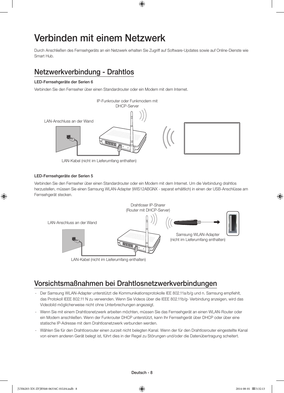 Verbinden mit einem netzwerk, Netzwerkverbindung - drahtlos | Samsung UE60H6203AW User Manual | Page 48 / 82