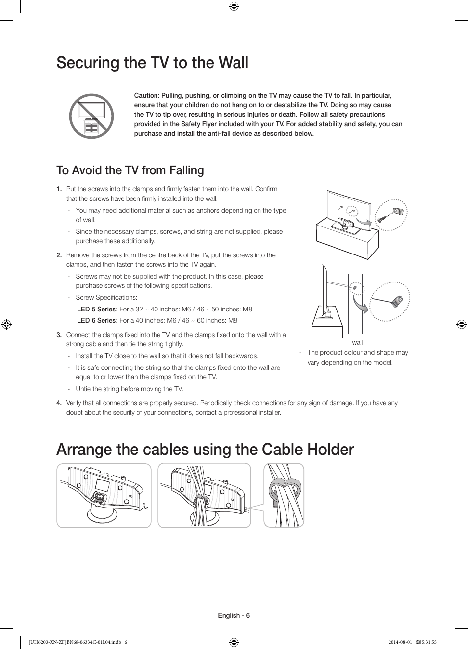 Securing the tv to the wall, Arrange the cables using the cable holder | Samsung UE60H6203AW User Manual | Page 6 / 82