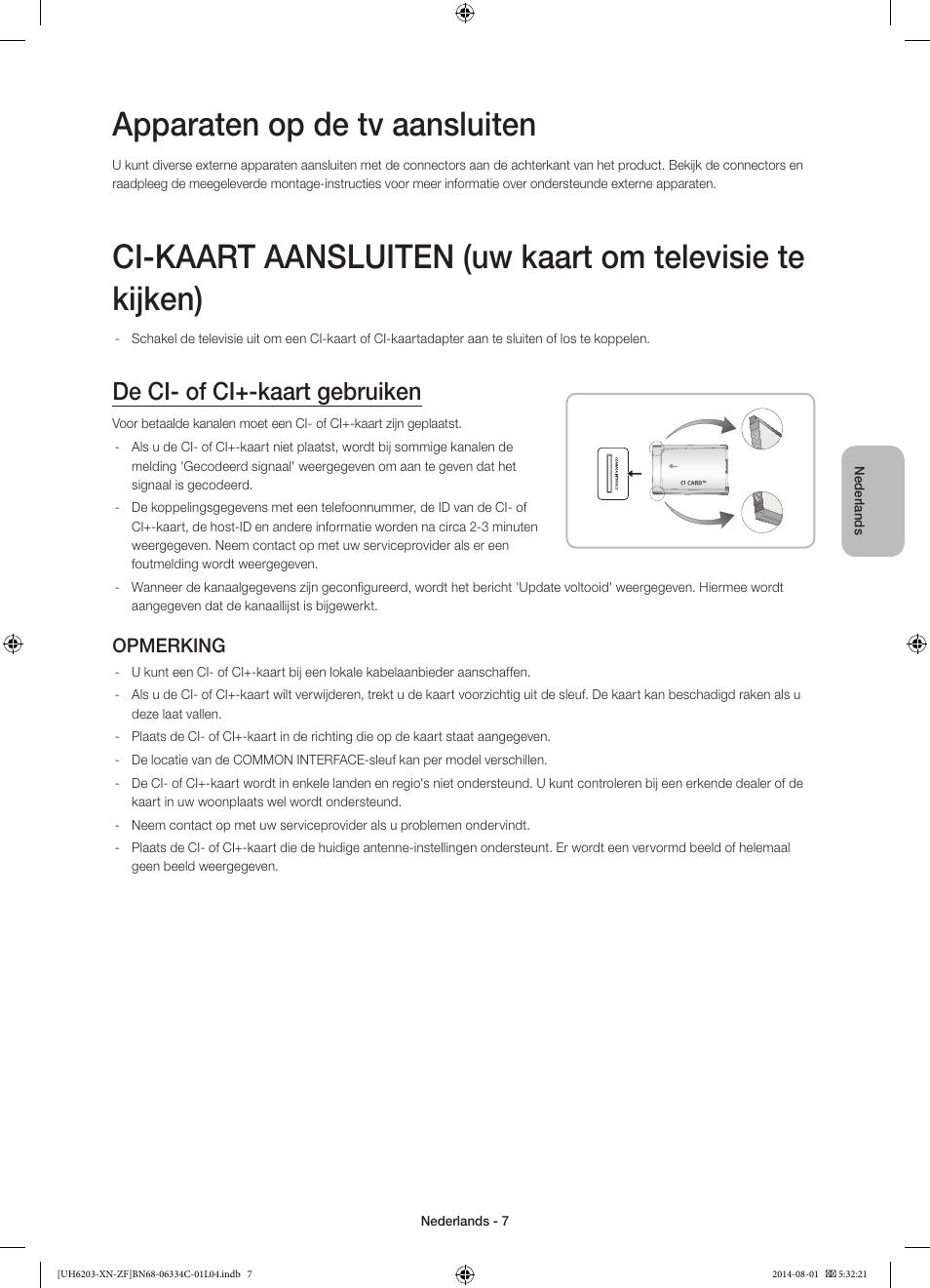 Apparaten op de tv aansluiten, De ci- of ci+-kaart gebruiken, Opmerking | Samsung UE60H6203AW User Manual | Page 67 / 82