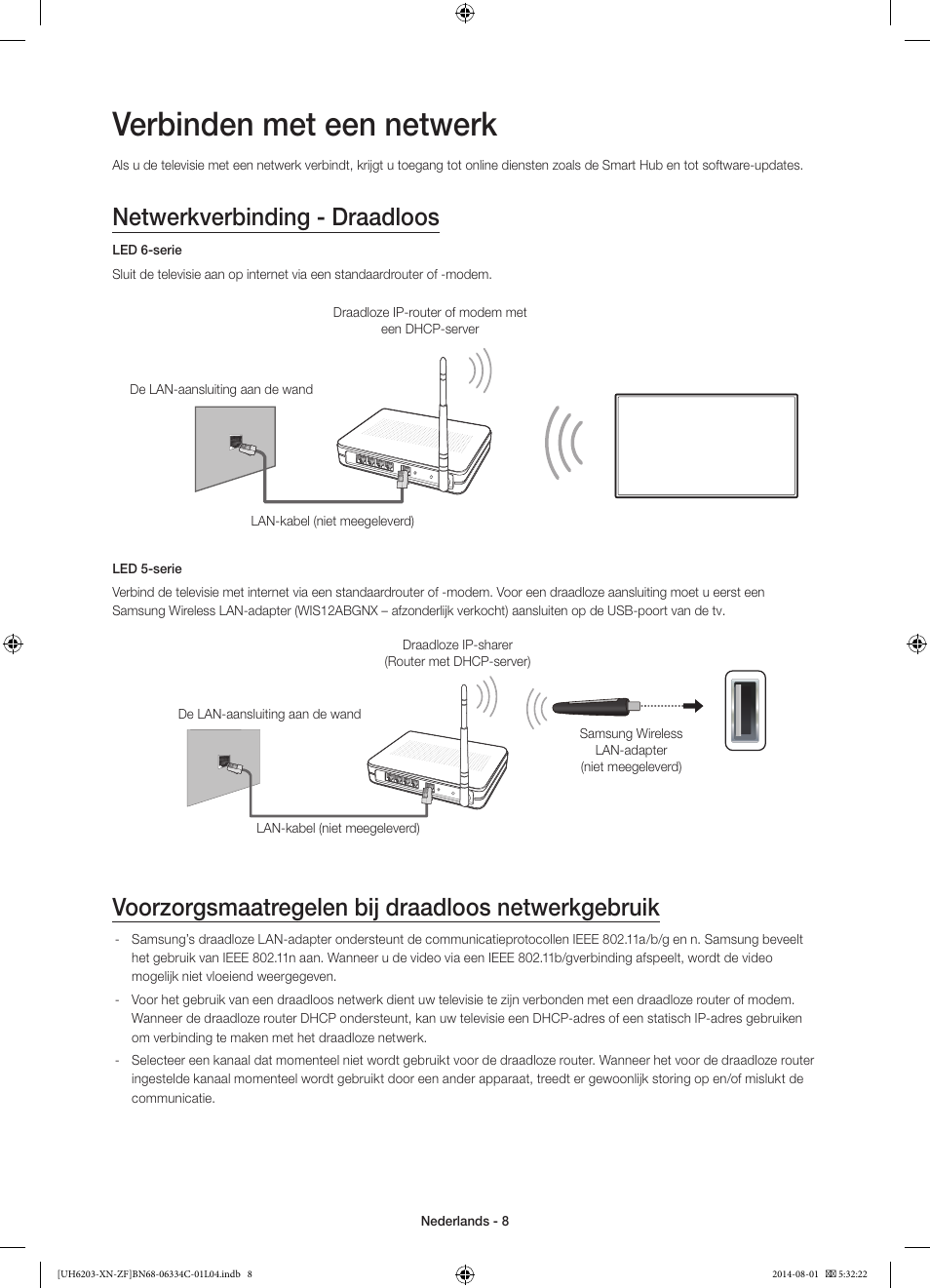 Verbinden met een netwerk, Netwerkverbinding - draadloos, Voorzorgsmaatregelen bij draadloos netwerkgebruik | Samsung UE60H6203AW User Manual | Page 68 / 82
