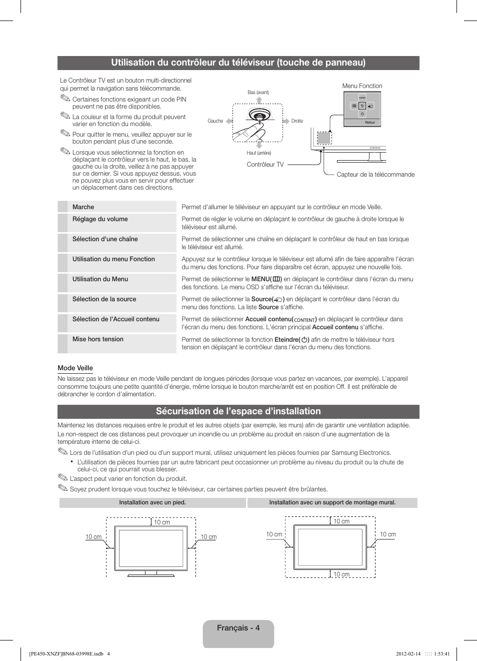 Sécurisation de l’espace d’installation | Samsung PS51E450A1W User Manual | Page 16 / 49