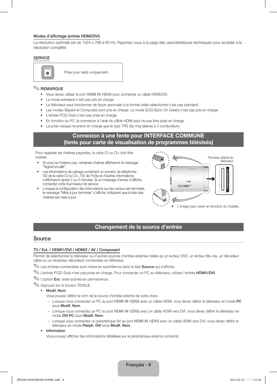 Changement de la source d'entrée source | Samsung PS51E450A1W User Manual | Page 20 / 49