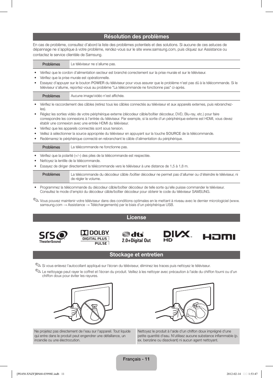 Résolution des problèmes, License stockage et entretien | Samsung PS51E450A1W User Manual | Page 23 / 49