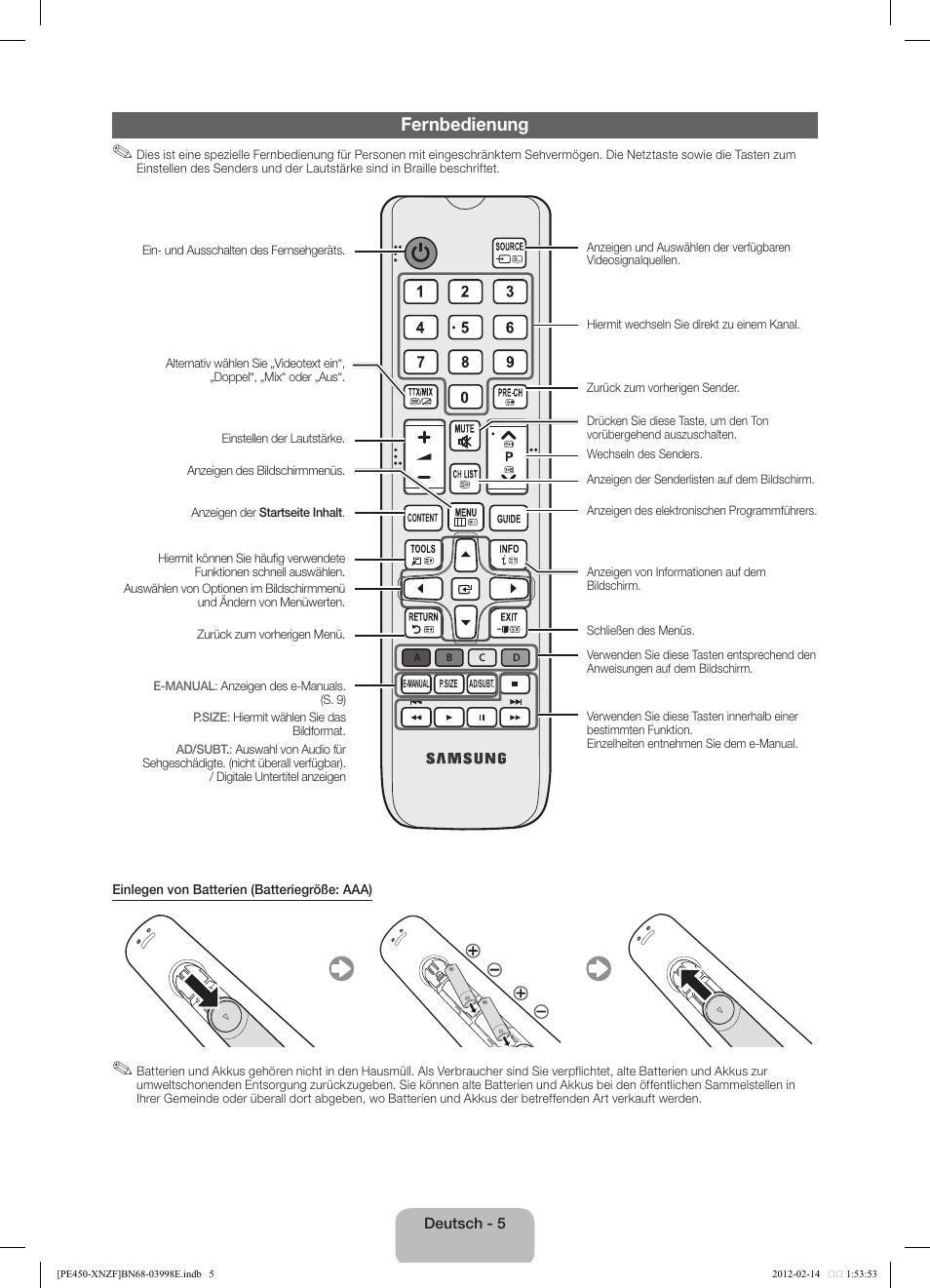 Fernbedienung | Samsung PS51E450A1W User Manual | Page 29 / 49