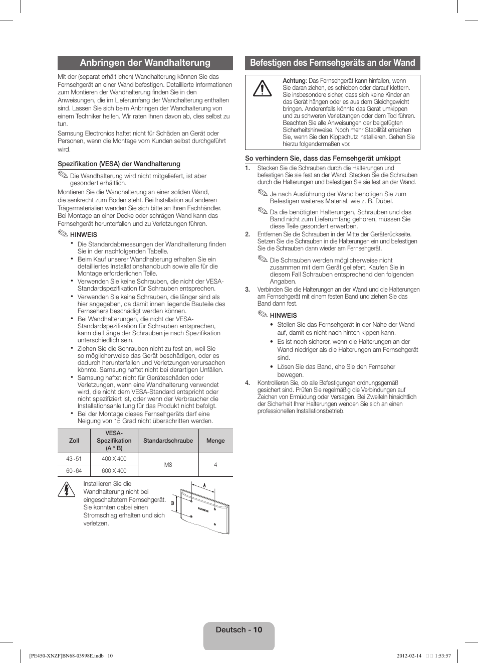 Anbringen der wandhalterung, Befestigen des fernsehgeräts an der wand | Samsung PS51E450A1W User Manual | Page 34 / 49