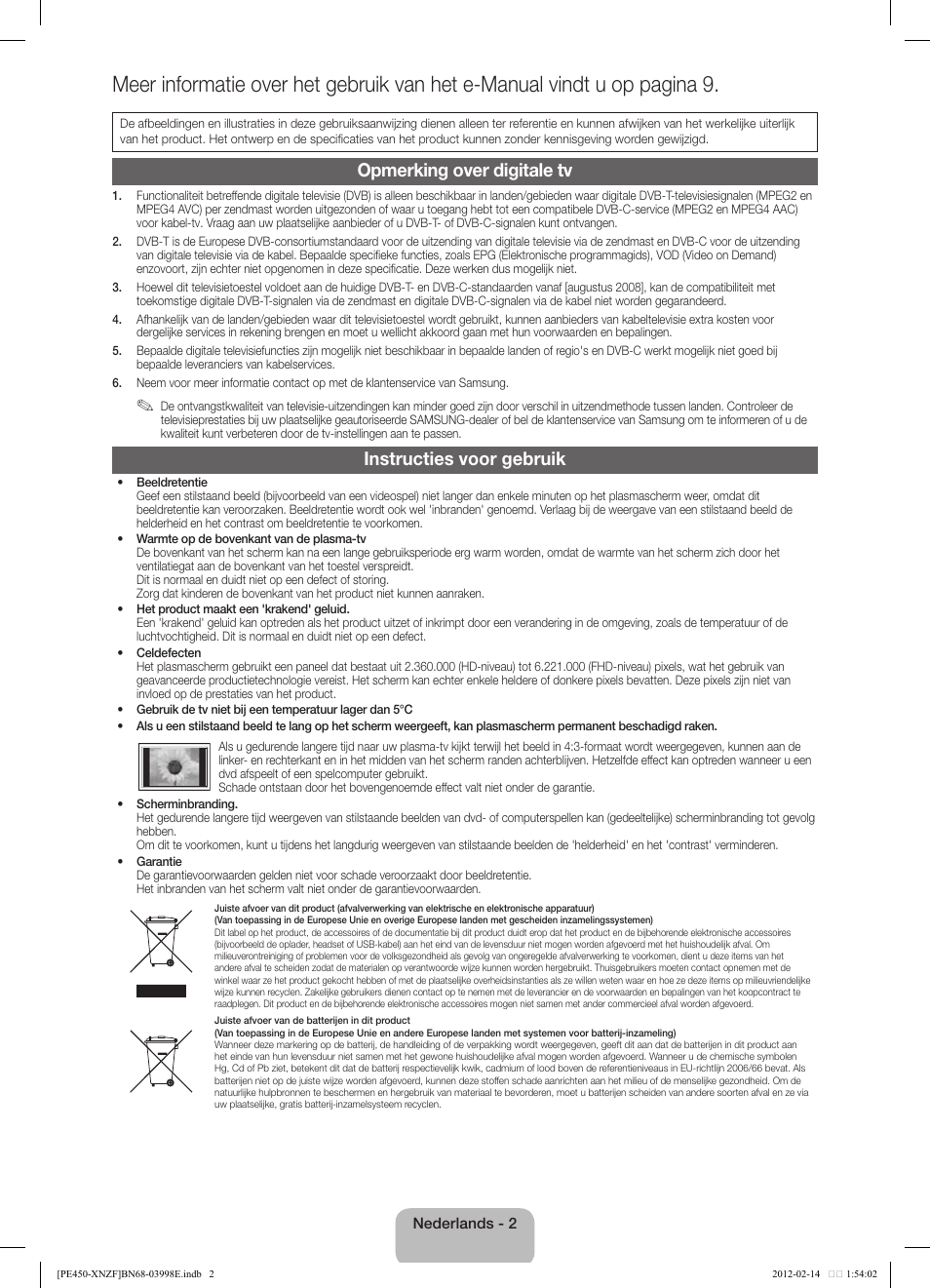 Opmerking over digitale tv, Instructies voor gebruik | Samsung PS51E450A1W User Manual | Page 38 / 49