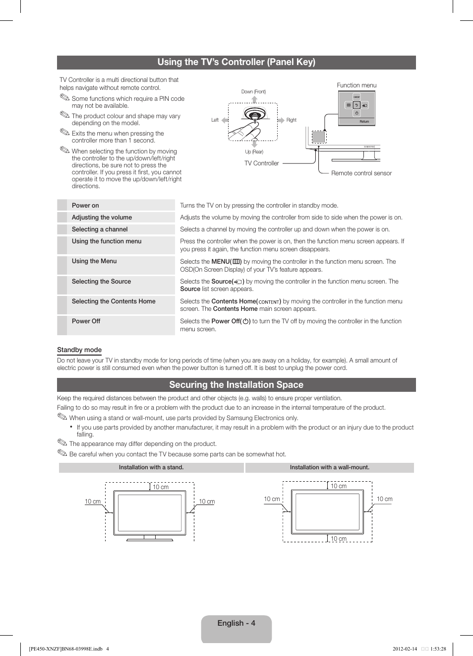 Using the tv’s controller (panel key), Securing the installation space | Samsung PS51E450A1W User Manual | Page 4 / 49