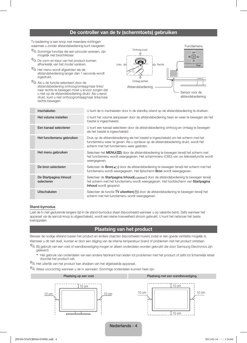 De controller van de tv (schermtoets) gebruiken, Plaatsing van het product | Samsung PS51E450A1W User Manual | Page 40 / 49
