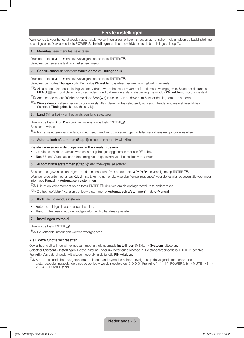 Eerste instellingen | Samsung PS51E450A1W User Manual | Page 42 / 49