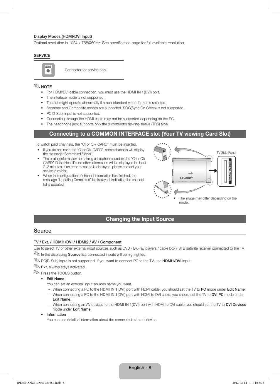 Changing the input source source | Samsung PS51E450A1W User Manual | Page 8 / 49