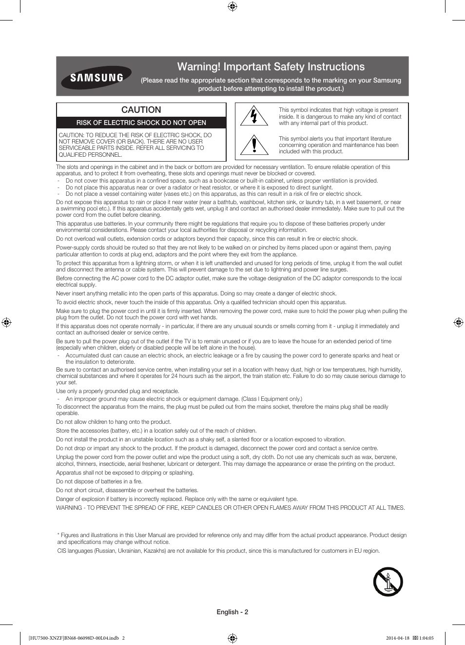 Warning! important safety instructions, Caution | Samsung UE55HU7500L User Manual | Page 2 / 97