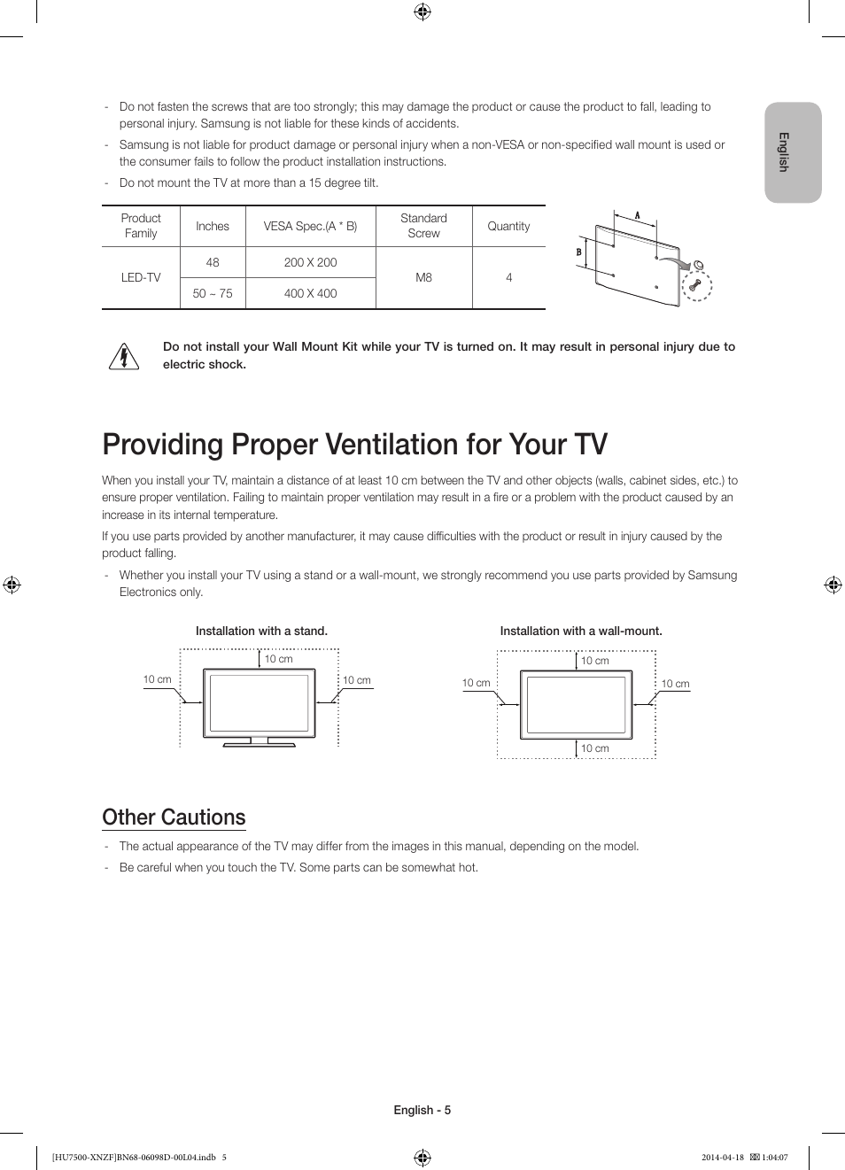 Providing proper ventilation for your tv, Other cautions | Samsung UE55HU7500L User Manual | Page 5 / 97