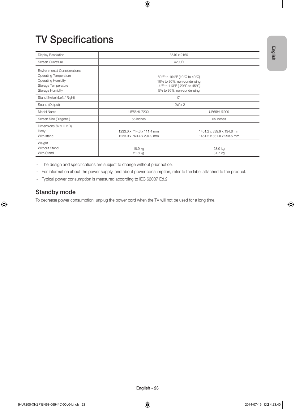 Tv specifications, Standby mode | Samsung UE65HU7200S User Manual | Page 23 / 97