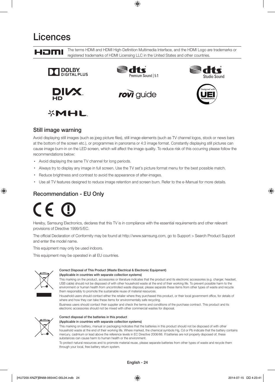 Licences, Still image warning, Recommendation - eu only | Samsung UE65HU7200S User Manual | Page 24 / 97